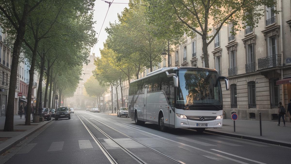 Small tour coach on a tree-lined European avenue in morning light